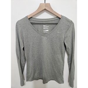 Nike Dri-FIT Women Long Sleeve V-Neck Training Shirt Gray Heather Athletic Cut S